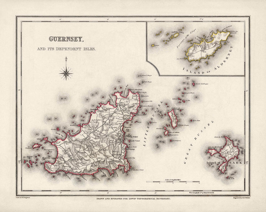Alte Karte von Guernsey von Samuel Lewis, 1844: St. Peter Port, St. Sampson, Vale, Castel, Sark 
