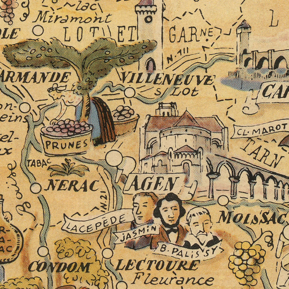 Antiguo mapa pictórico de Guyena y Gascuña de Liozu, 1951: Burdeos, Pau, Castillo de Pau, Tarbes, Agen