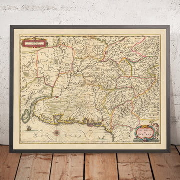 Alte Karte von Guyenne, Frankreich von Visscher, 1690: Toulouse, Bordeaux, Donostia-San-Sebastian, Pau, Pyrenäen 