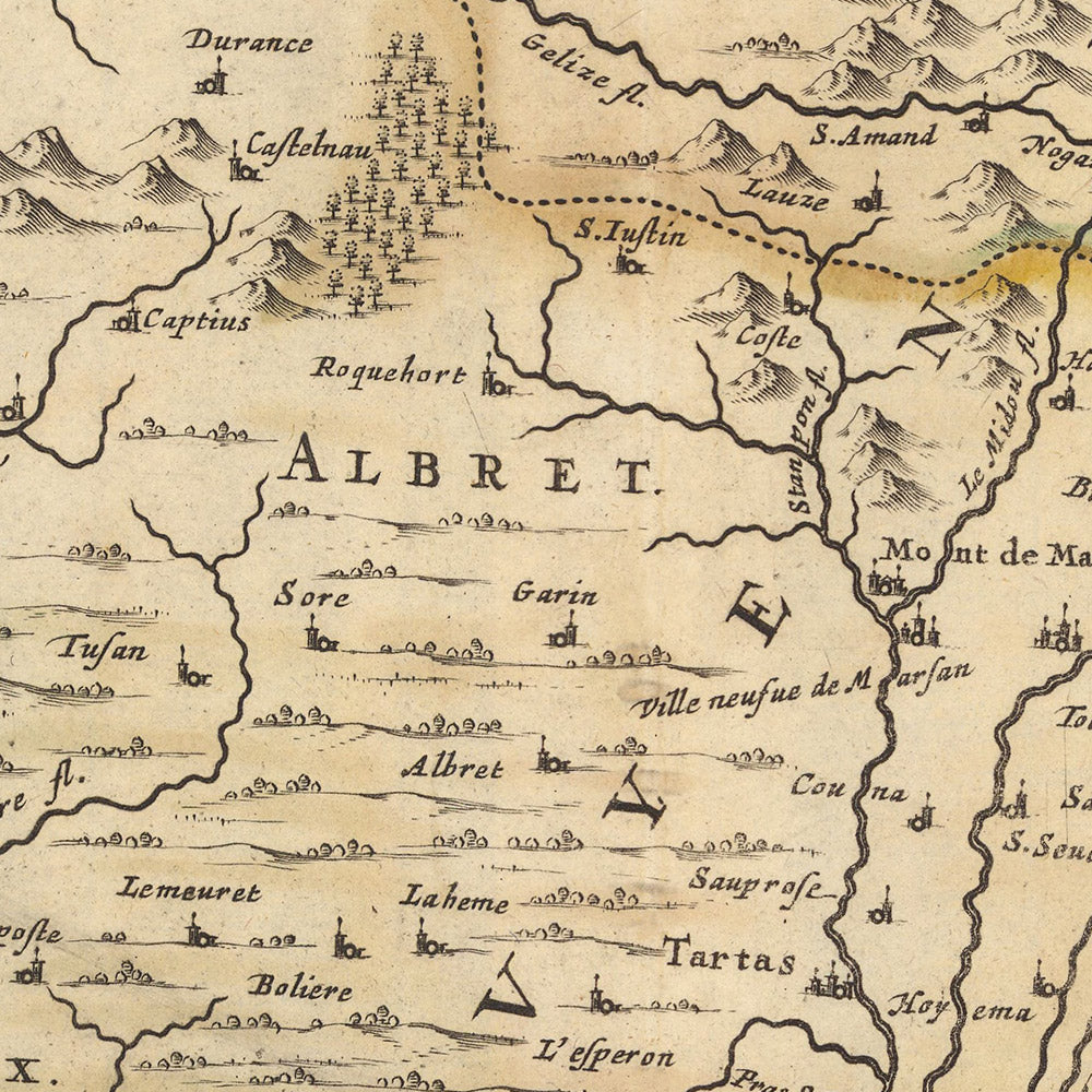 Mapa antiguo de Guyenne, Francia por Visscher, 1690: Toulouse, Burdeos, Donostia-San-Sebastián, Pau, Pirineos