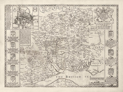 Old Map of Hampshire, 1611 by John Speed -  Winchester, Portsmouth, Southampton, Basingstoke