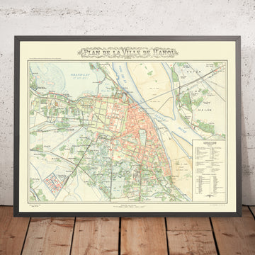 Mappa antica di Hanoi, 1902: Città Imperiale, Fiume Rosso, Ponte Long Bien, Teatro dell&