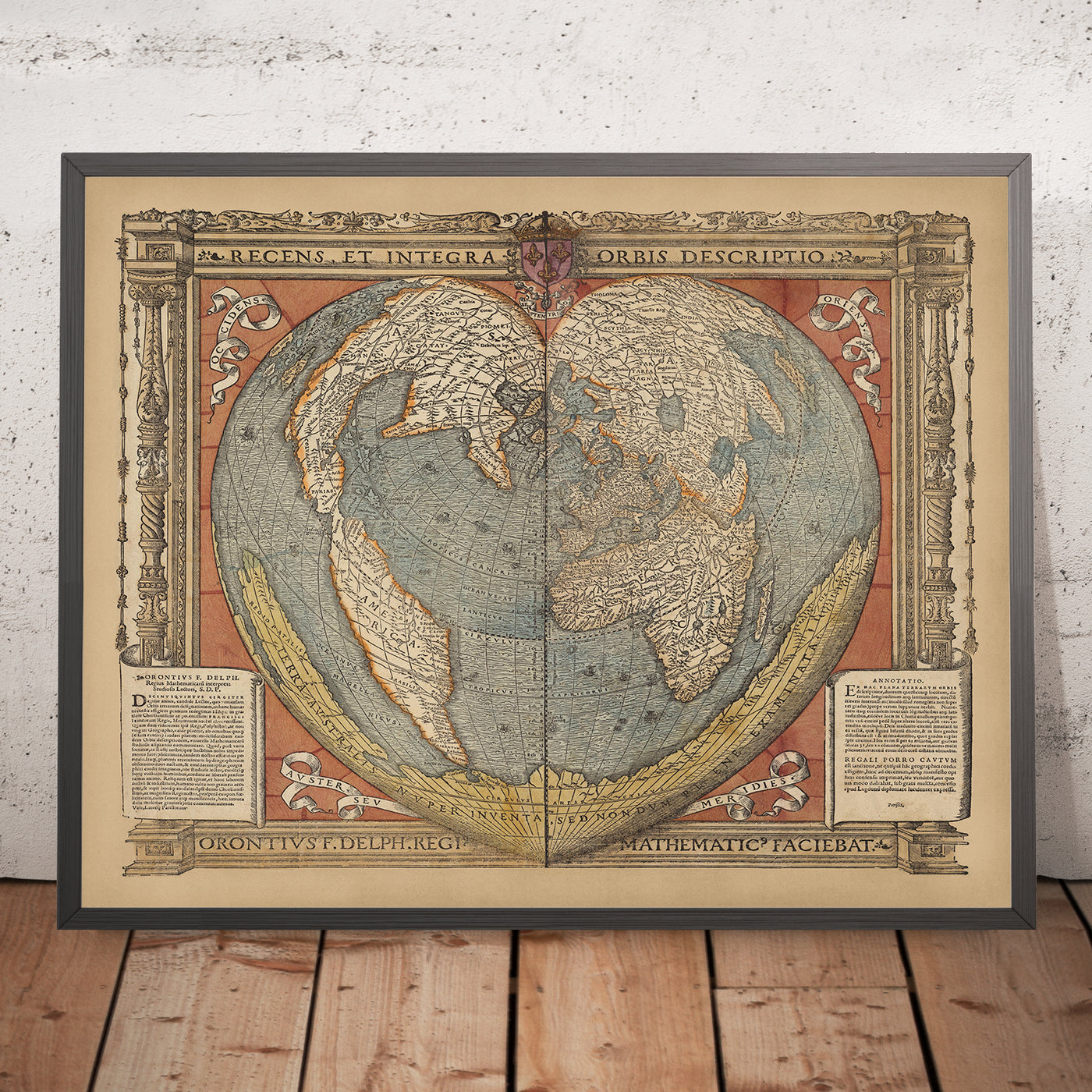 Mapa del Viejo Mundo Mundo en forma de corazón por Fine, 1534: Proyección cordiforme, Terra Australis, Anotaciones latinas