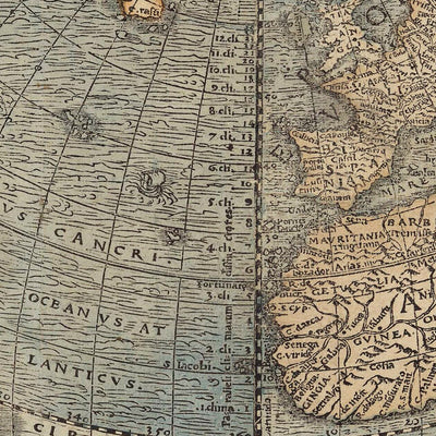 Mapa del Viejo Mundo Mundo en forma de corazón por Fine, 1534: Proyección cordiforme, Terra Australis, Anotaciones latinas