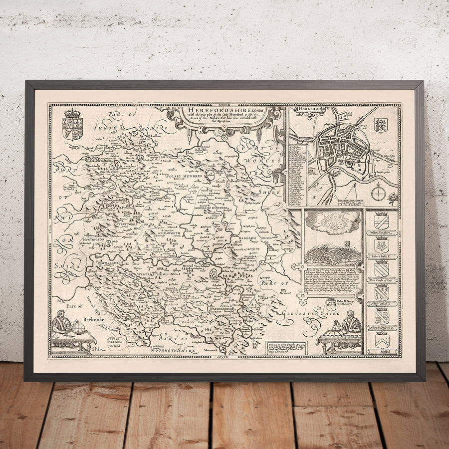 Alte Karte von Herefordshire von Speed, 1611: Hereford, Leominster, Fluss Wye, Schlacht, Wappen 