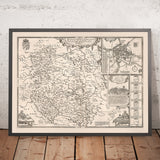 Mappa antica dell'Herefordshire di Speed, 1611: Hereford, Leominster, Fiume Wye, Battaglia, Stemmi 