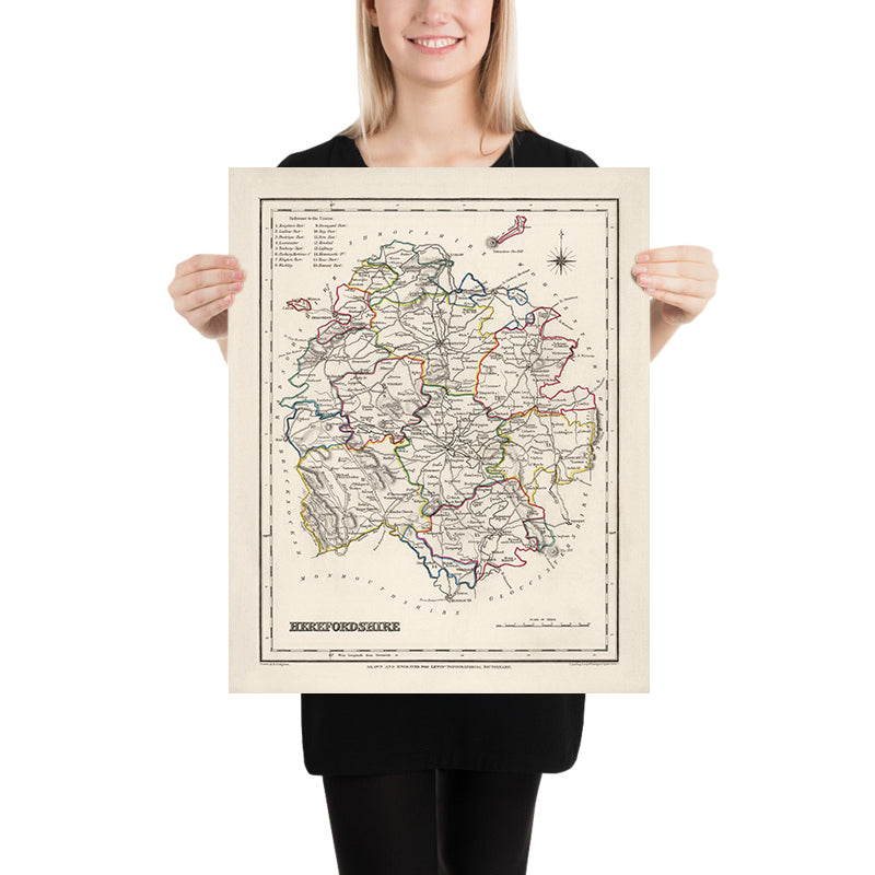 Ancienne carte du Herefordshire par Samuel Lewis, 1844 : Ledbury, Leominster, Ross-on-Wye, Bromyard, Hay-on-Wye