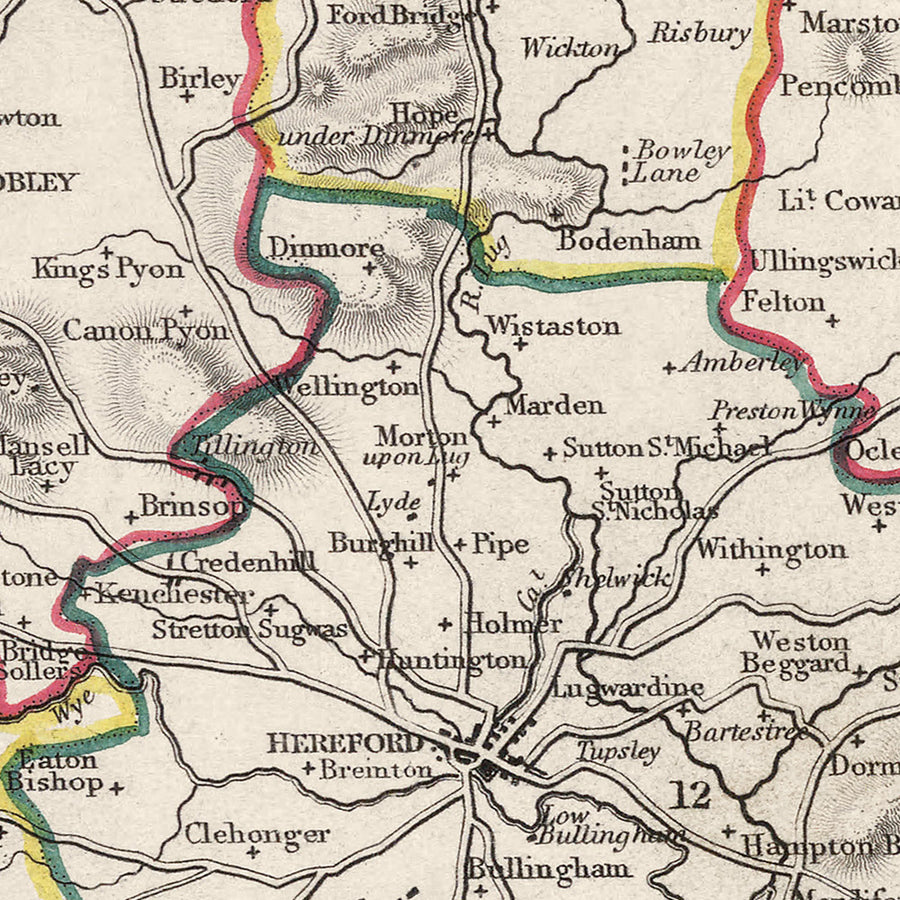 Ancienne carte du Herefordshire par Samuel Lewis, 1844 : Ledbury, Leominster, Ross-on-Wye, Bromyard, Hay-on-Wye