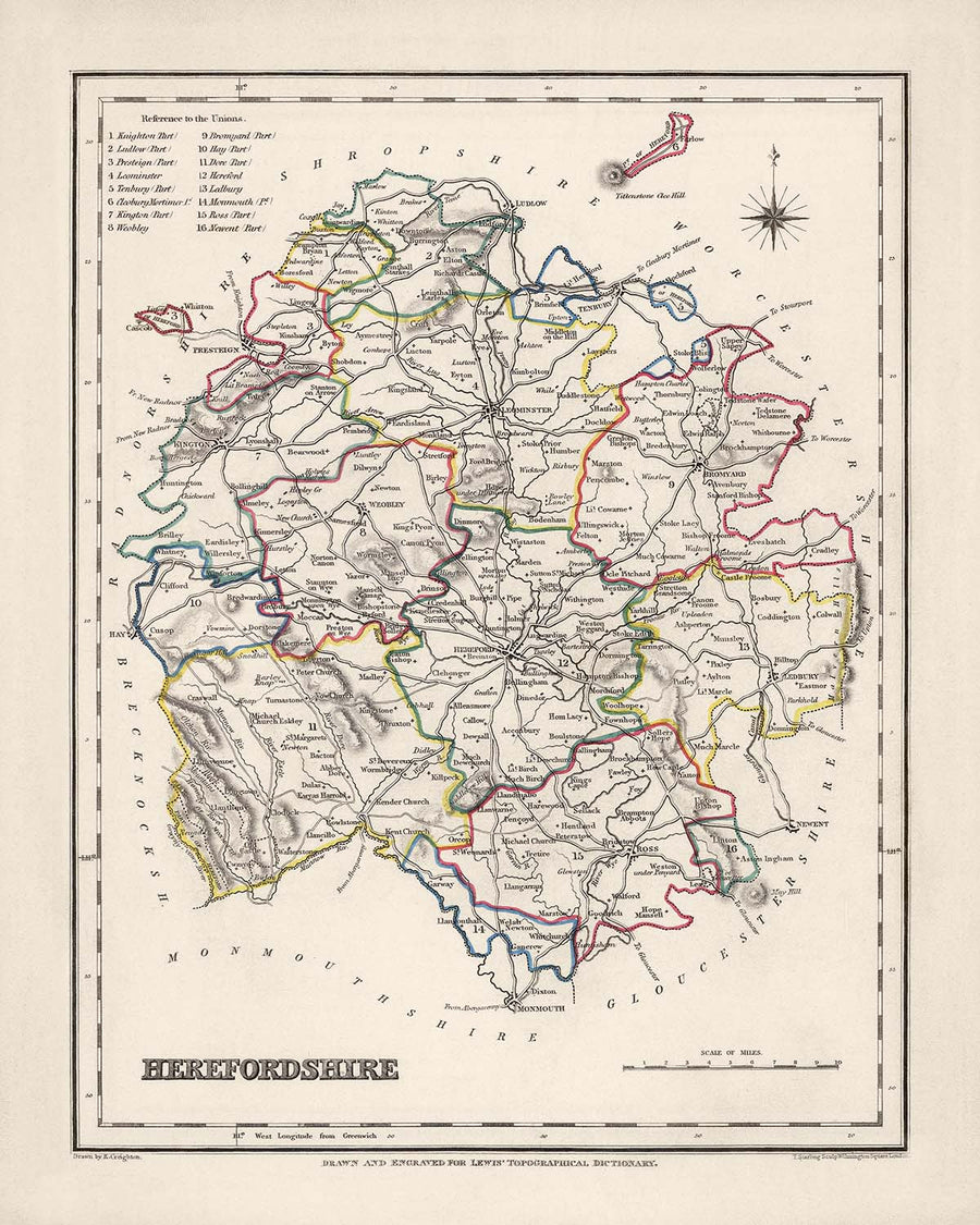 Ancienne carte du Herefordshire par Samuel Lewis, 1844 : Ledbury, Leominster, Ross-on-Wye, Bromyard, Hay-on-Wye