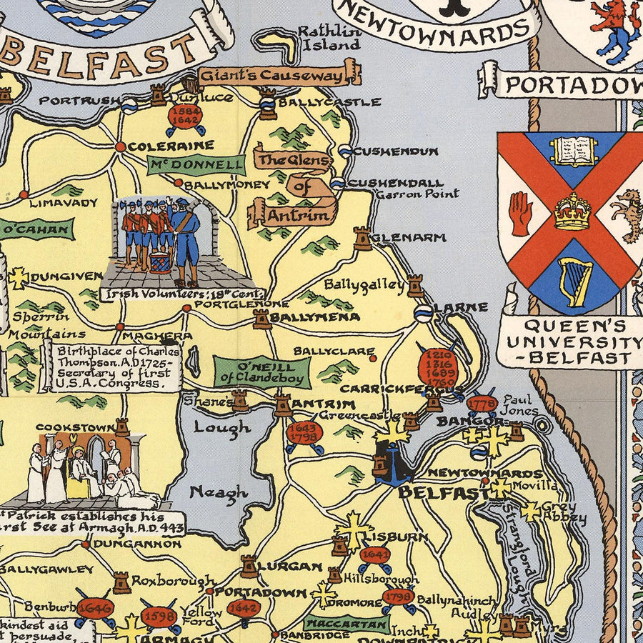 Alter bildlicher Stadtplan von Irland von Bullock, 1955: Historische Schlachten, Familiennamen, Wappen 