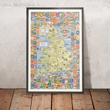 Alte historische Karte von England und Wales von Bullock, 1958: Schlachten, Ereignisse, berühmte Personen, Stadtwappen 