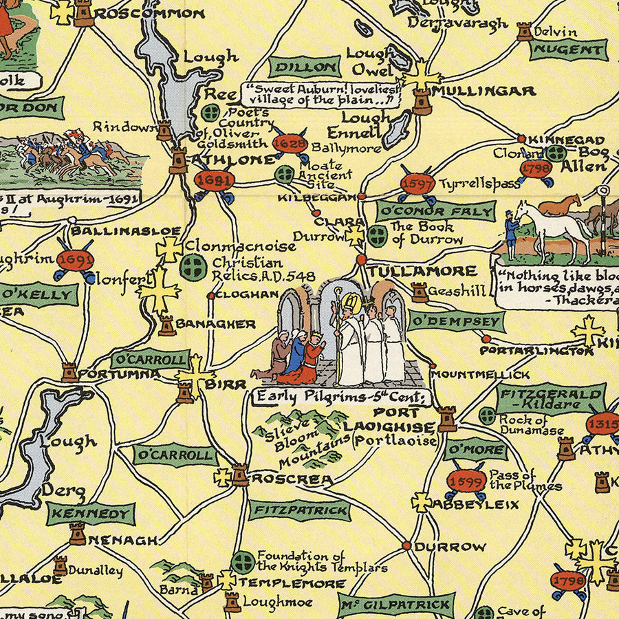 Alter bildlicher Stadtplan von Irland von Bullock, 1955: Historische Schlachten, Familiennamen, Wappen 