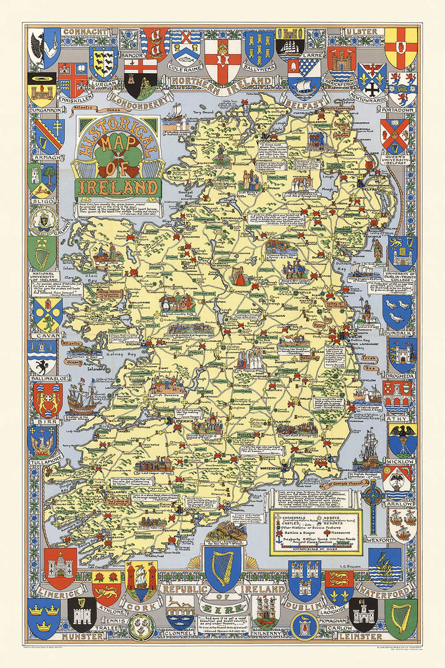 Alter bildlicher Stadtplan von Irland von Bullock, 1955: Historische Schlachten, Familiennamen, Wappen 