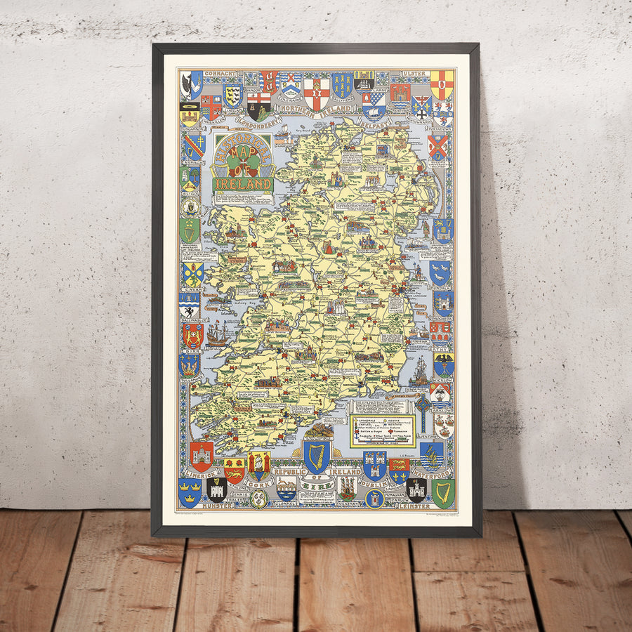 Alter bildlicher Stadtplan von Irland von Bullock, 1955: Historische Schlachten, Familiennamen, Wappen 