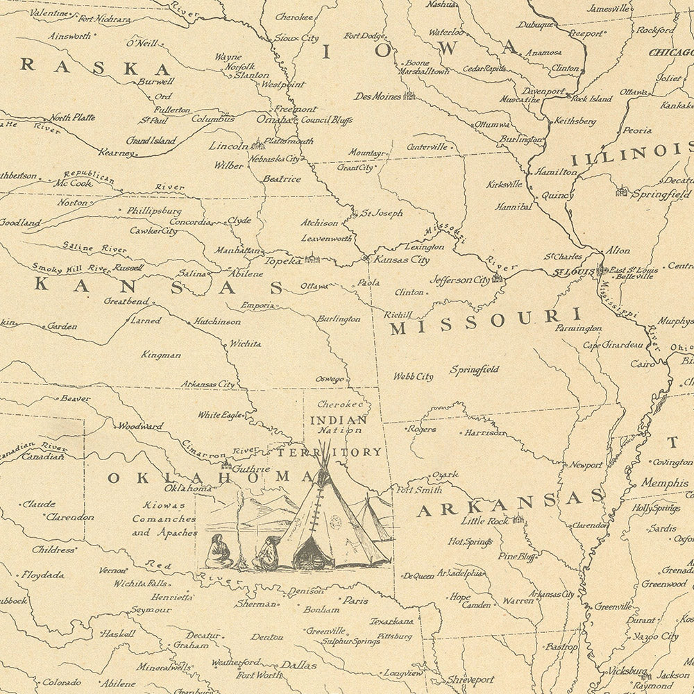 Mapa pictórico antiguo de los Estados Unidos, realizado por Clegg en 1926: Nueva York, Chicago, el océano Pacífico, las Montañas Rocosas y viñetas históricas