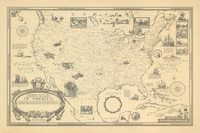 Alte Bildkarte der Vereinigten Staaten von Clegg, 1926: New York, Chicago, Pazifik, Rocky Mountains, historische Vignetten