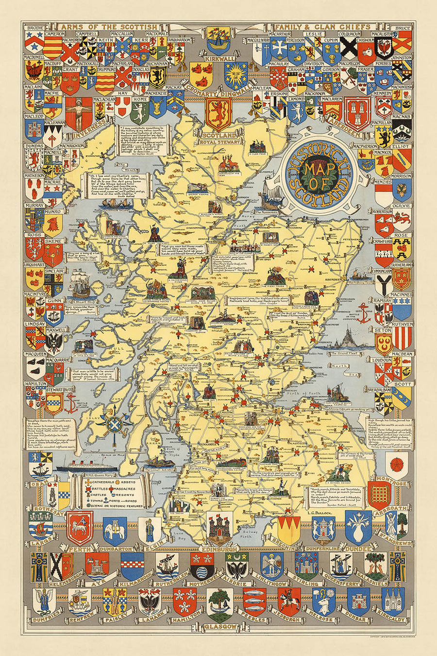 Alte historische Karte von Schottland von Bullock, 1950: Clans, Tartans, Schlachten, Burgen, Tierwelt, Wappen 