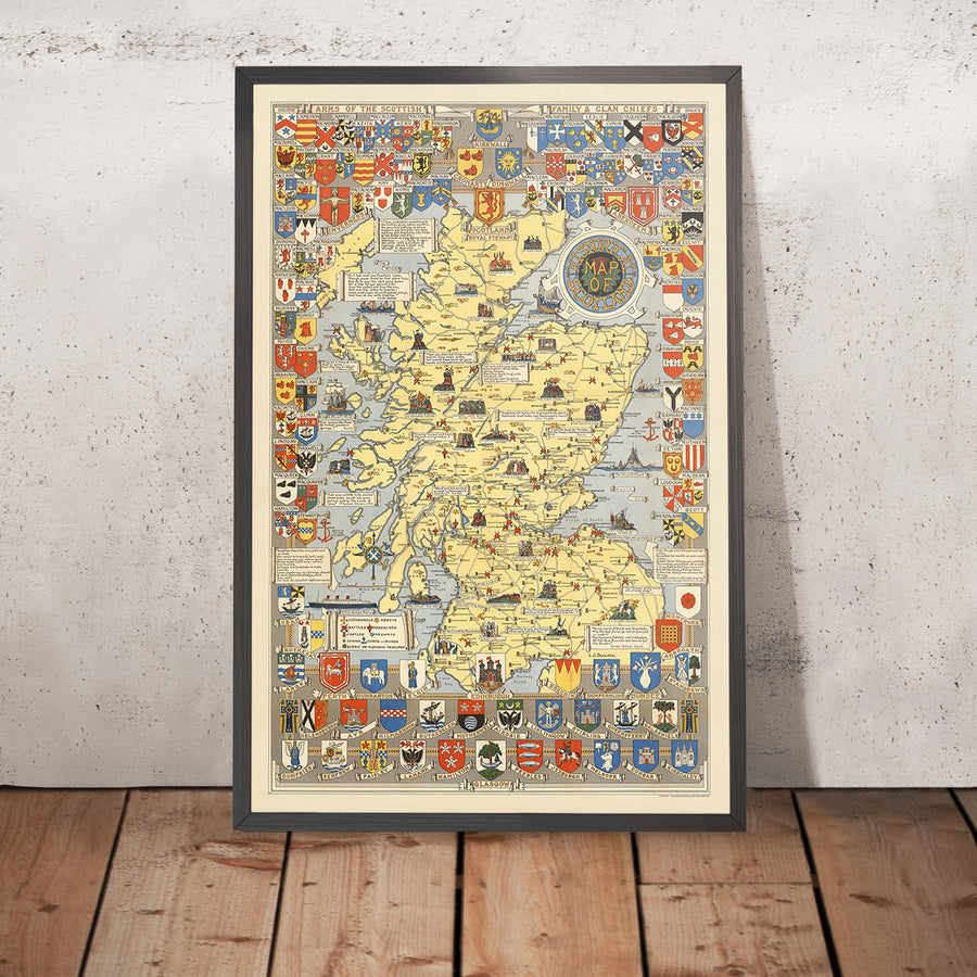 Alte historische Karte von Schottland von Bullock, 1950: Clans, Tartans, Schlachten, Burgen, Tierwelt, Wappen 