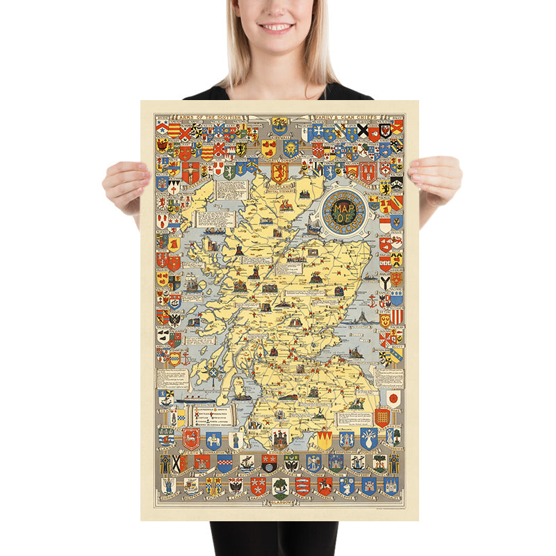 Alte historische Karte von Schottland von Bullock, 1950: Clans, Tartans, Schlachten, Burgen, Tierwelt, Wappen 