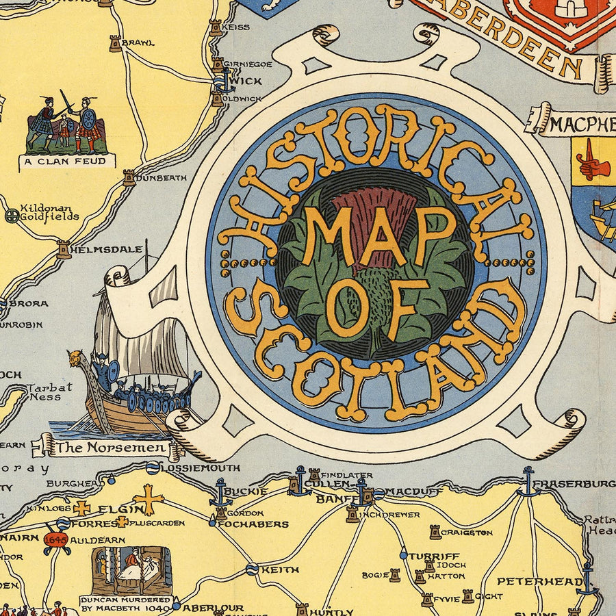 Alte historische Karte von Schottland von Bullock, 1950: Clans, Tartans, Schlachten, Burgen, Tierwelt, Wappen 