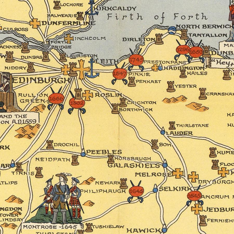 Alte historische Karte von Schottland von Bullock, 1950: Clans, Tartans, Schlachten, Burgen, Tierwelt, Wappen 