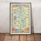 Antiguo mapa pictórico de Gales de Bullock, 1966: castillos, catedrales, batallas, escudos de armas