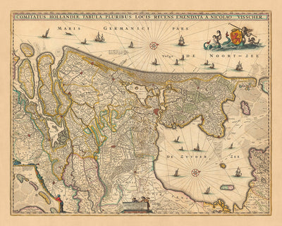 Antiguo mapa de Holanda de Visscher, 1690: Amsterdam, Rotterdam, La Haya, Utrecht, Leiden