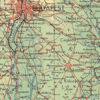 Mapa antiguo de Hungría, 1967: Budapest, río Danubio, lago Balatón, gran llanura húngara, montañas Mátra