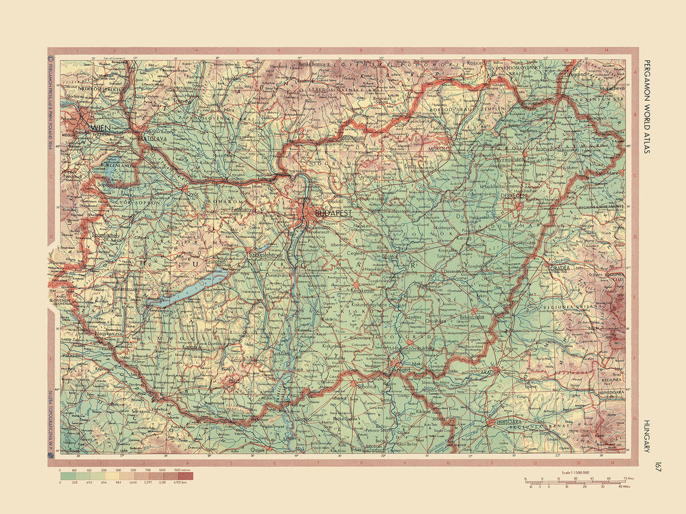 Alte Karte von Ungarn, 1967: Budapest, Donau, Plattensee, Große Ungarische Tiefebene, Mátra-Gebirge