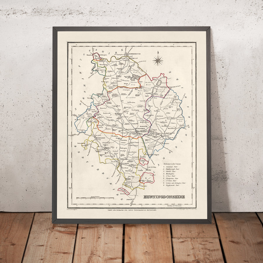 Ancienne carte du Huntingdonshire par Samuel Lewis, 1844 : St. Ives, St. Neots, Ramsey, Godmanchester et Kimbolton