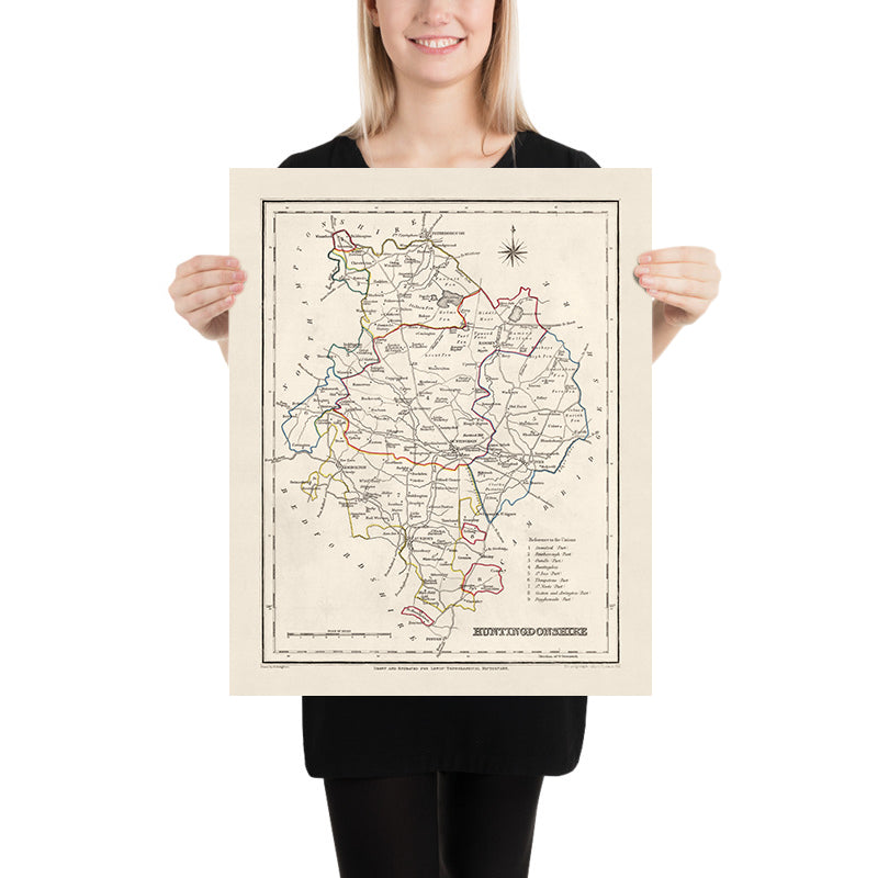 Ancienne carte du Huntingdonshire par Samuel Lewis, 1844 : St. Ives, St. Neots, Ramsey, Godmanchester et Kimbolton