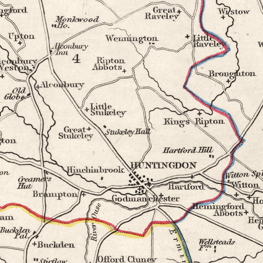 Ancienne carte du Huntingdonshire par Samuel Lewis, 1844 : St. Ives, St. Neots, Ramsey, Godmanchester et Kimbolton