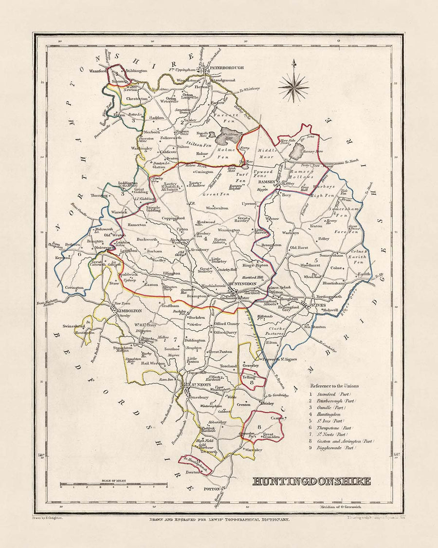 Ancienne carte du Huntingdonshire par Samuel Lewis, 1844 : St. Ives, St. Neots, Ramsey, Godmanchester et Kimbolton