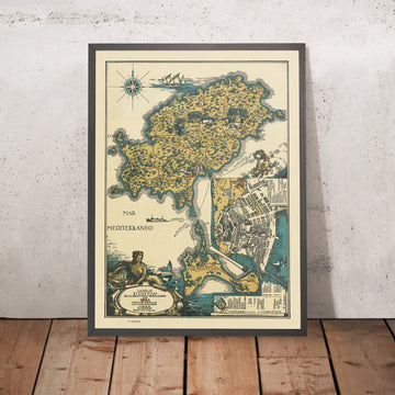 Alte Karte von Ibiza und Formentera, 1934: Bildliche Darstellung von Touristenattraktionen, Wahrzeichen, Mittelmeer 