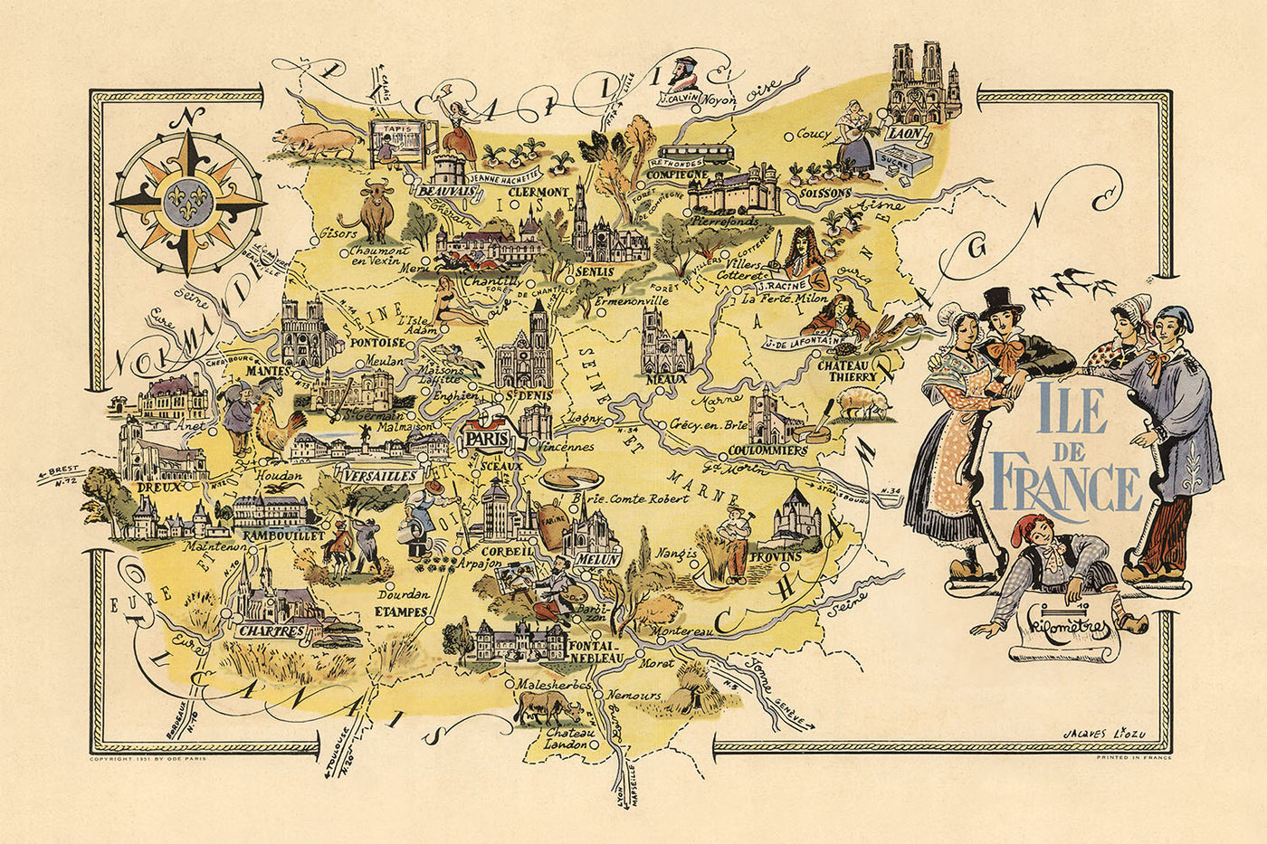 Antiguo mapa pictórico de Ile de France de Liozu, 1951: París, Versalles, Notre-Dame, Fontainebleau, Chartres