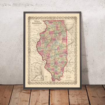 Mapa antiguo de Illinois por JH Colton, 1855: Chicago, Peoria, Springfield, Galena, Quincy