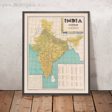 Mappa antica delle ferrovie indiane di Nirdosh, 1960: Mumbai, Delhi, Kolkata, Chennai, Bangalore 