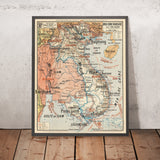 Mappa antica dell'Indocina (Sud-est asiatico) di Vidal Lablache, 1897: Hanoi coloniale francese, Bangkok, fiume Mekong 