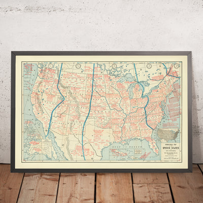 Old Map of USA and the Philippines, 1901: Industrial Production, Time Zones, New Possessions