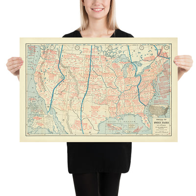 Mapa infográfico antiguo de Estados Unidos y Filipinas, 1901: zonas horarias, bienes económicos, crecimiento territorial