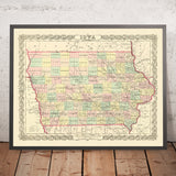 Alte Karte von Iowa von J. H. Colton, 1856: Des Moines, Iowa City, Dubuque, Davenport, Burlington 