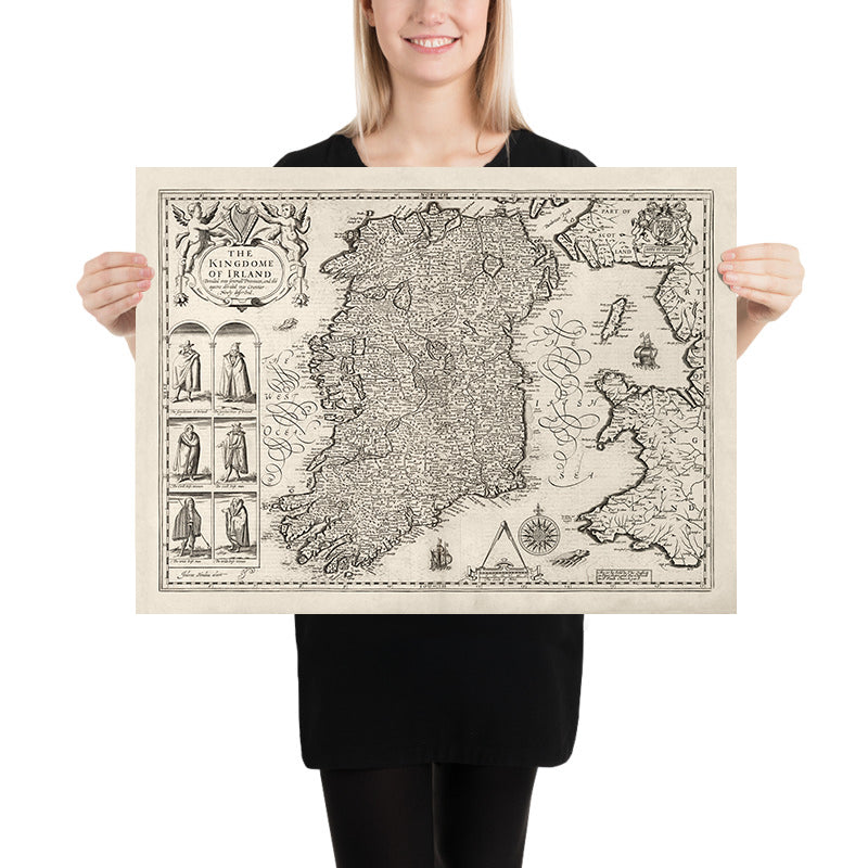 Old Map of Ireland, Éireann 1611 by John Speed - Monochrome Antique Vintage Map