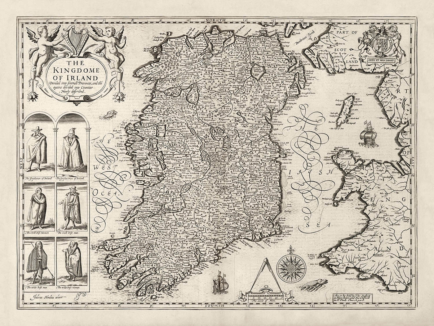 Old Map of Ireland, Éireann 1611 by John Speed - Monochrome Antique Vintage Map