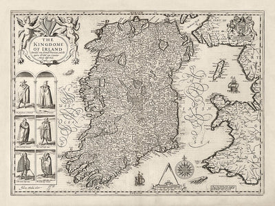 Old Map of Ireland, Éireann 1611 by John Speed - Monochrome Antique Vintage Map