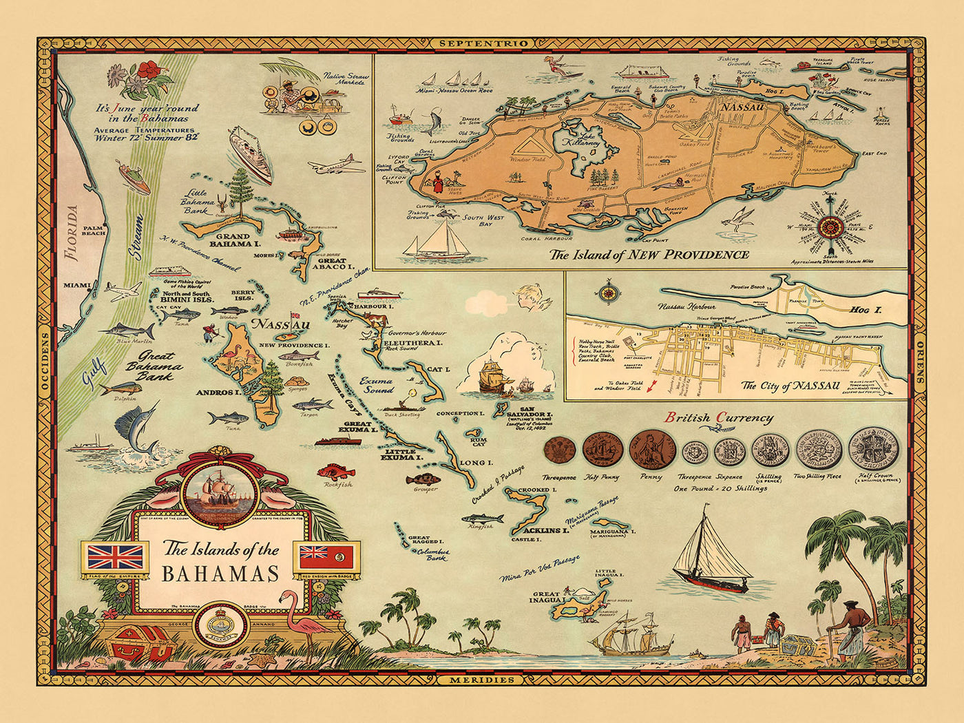 Ancienne carte des Bahamas, 1951 : carte thématique illustrée de Nassau, de New Providence et de la vie des Bahamas