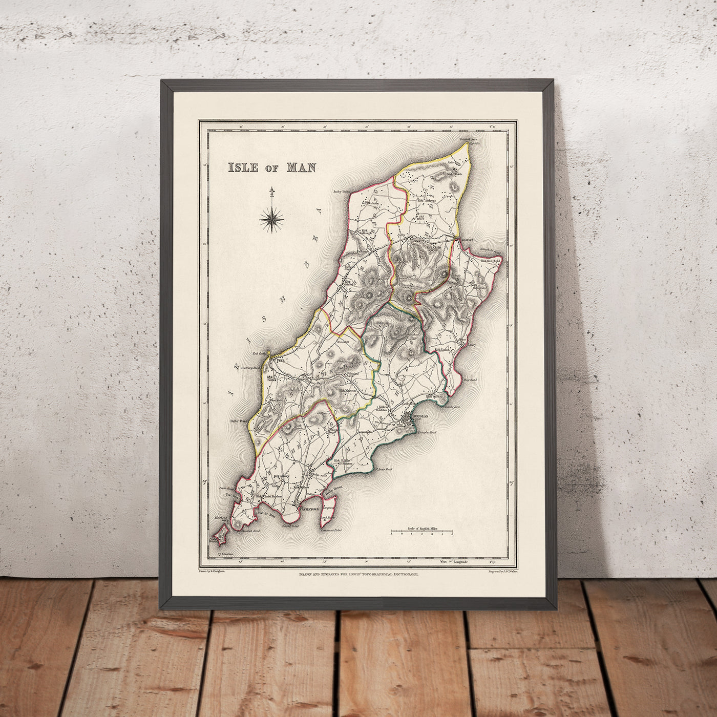Ancienne carte de l'île de Man par Samuel Lewis, 1844 : Douglas, Ramsey, Peel, Castletown et Port Erin 