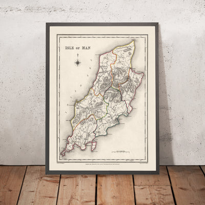 Ancienne carte de l'île de Man par Samuel Lewis, 1844 : Douglas, Ramsey, Peel, Castletown et Port Erin 