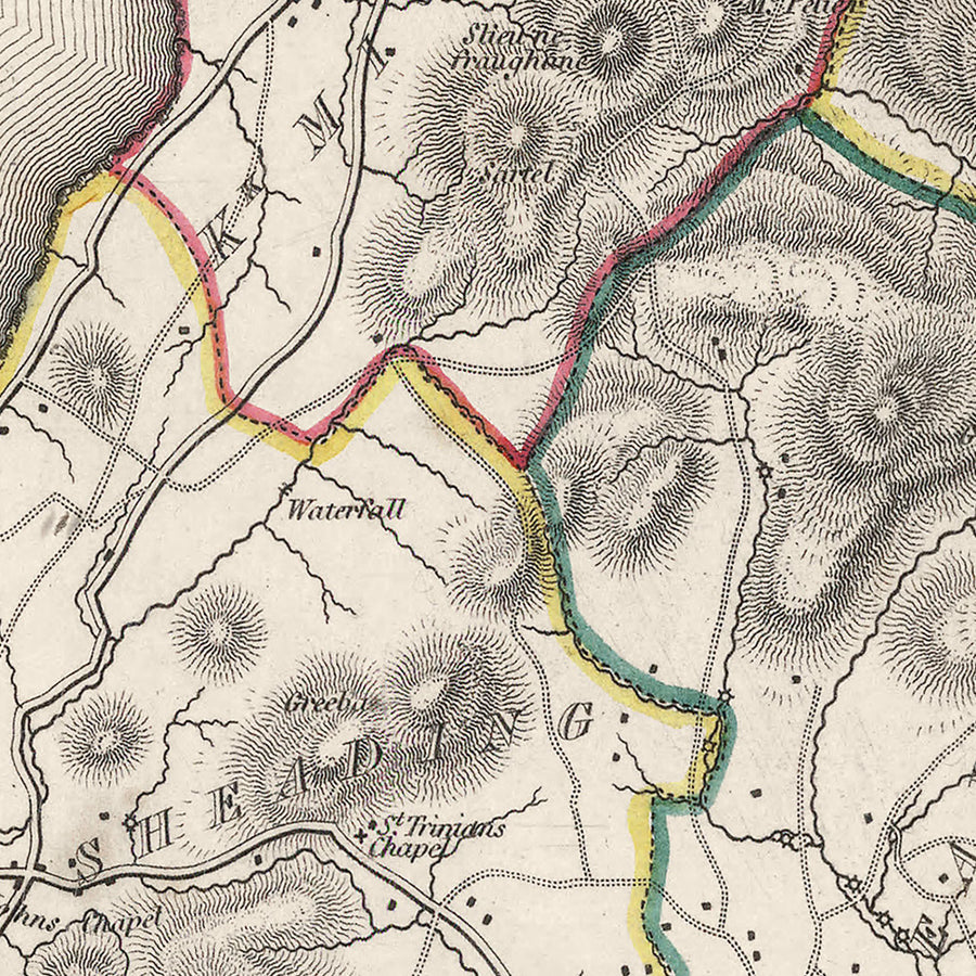 Old Map of Isle of Man by Samuel Lewis, 1844: Douglas, Ramsey, Peel, Castletown, and Port Erin