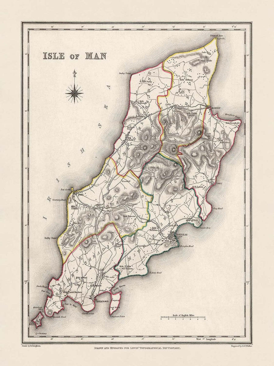 Old Map of Isle of Man by Samuel Lewis, 1844: Douglas, Ramsey, Peel, Castletown, and Port Erin