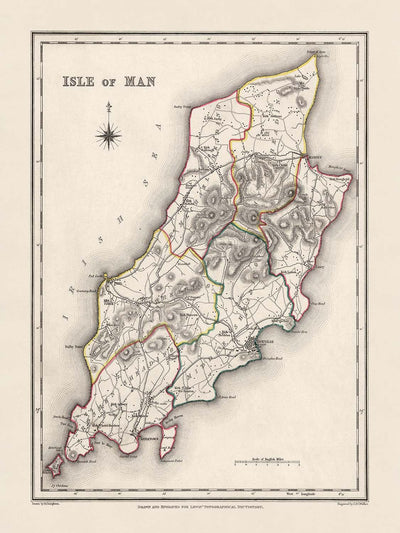 Ancienne carte de l'île de Man par Samuel Lewis, 1844 : Douglas, Ramsey, Peel, Castletown et Port Erin 